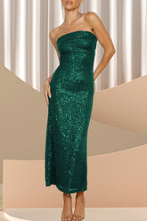 Vestidos de celebridades con falda de un solo paso sin tirantes y lentejuelas sólidas